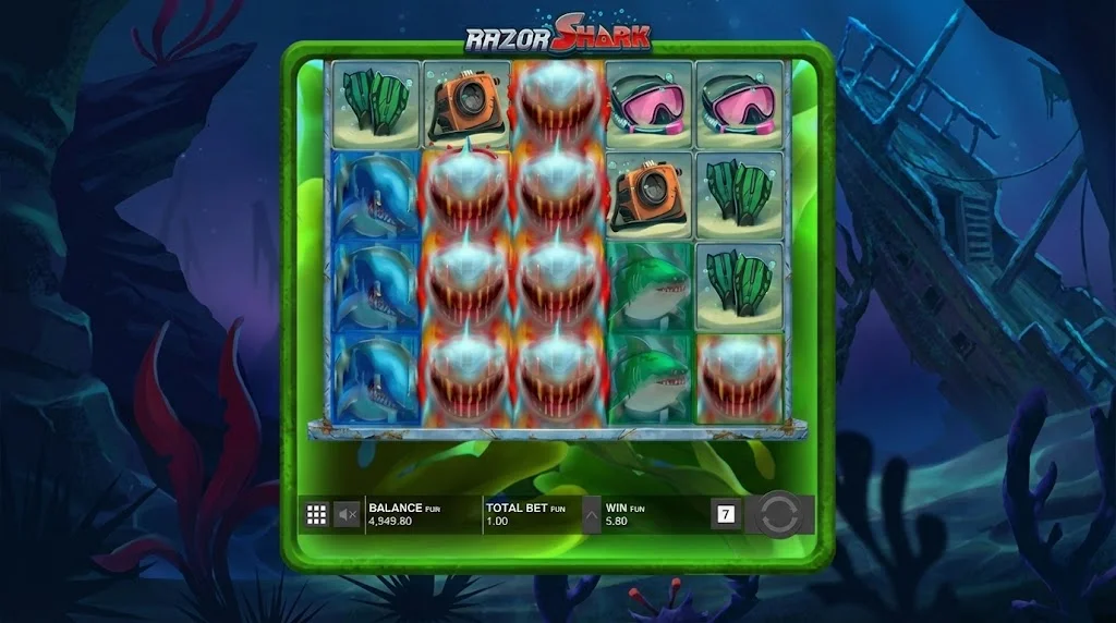 Razor Shark base game underwater coral reef environment with UI controls visible