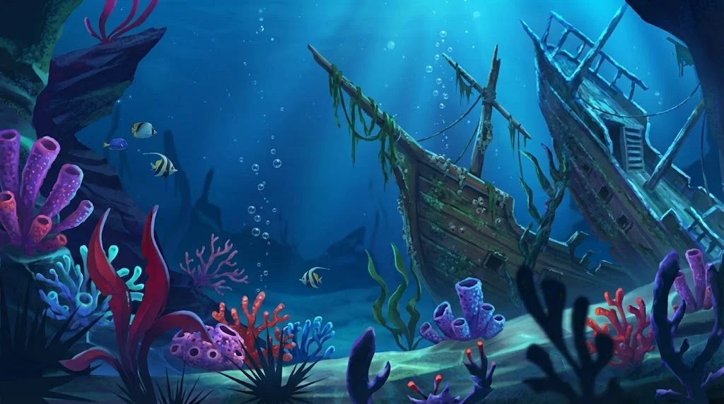 Razor Shark deep ocean underwater atmosphere with ambient light rays and coral reef background